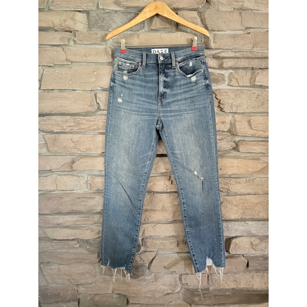 Daze Denim Just Right High Rise Straight Leg Distressed Jeans Blue 27